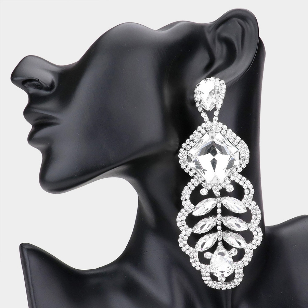 Silver Square Rhinestone Crystal Dangle Earrings 4.75" Statement Drop Earrings